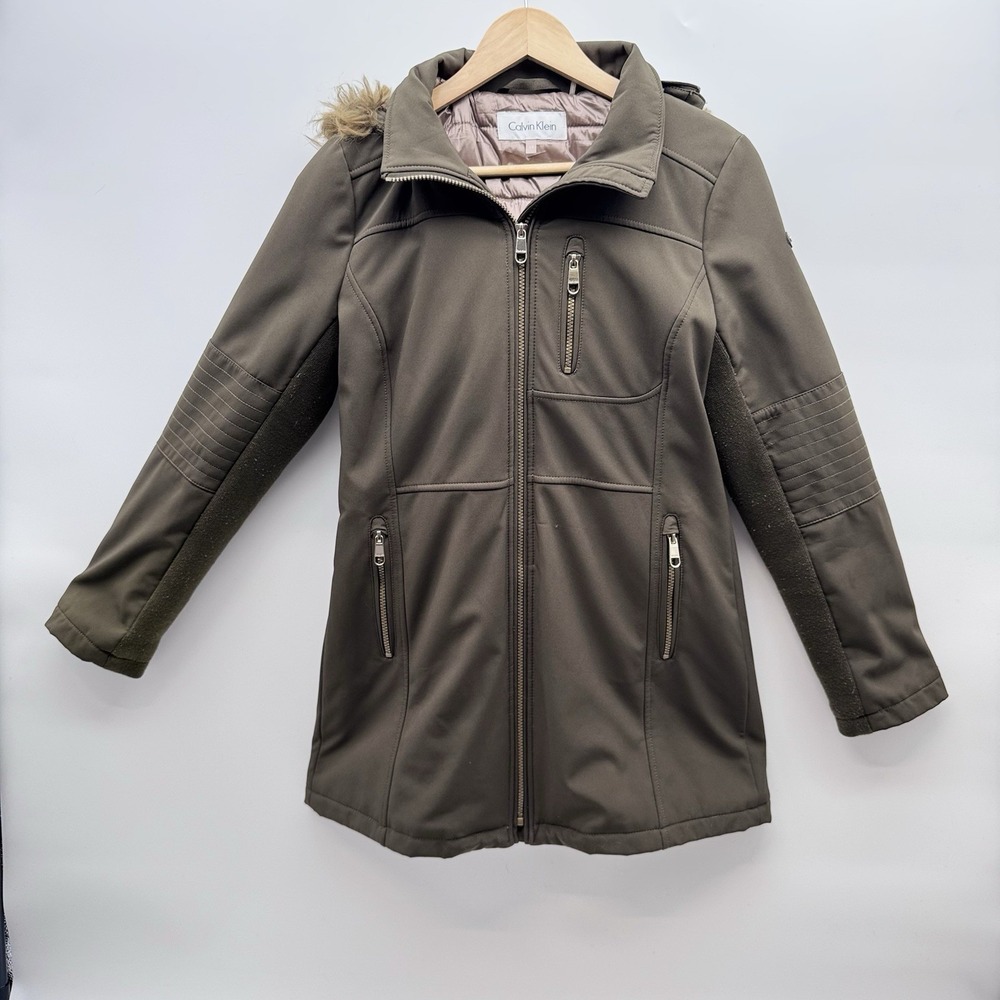 Calvin Klein Fur Hoodie Womens Jacket Olive Green Size XS